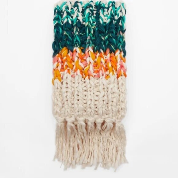 New Zara Colorblock Oversized Chunky Textured Fringe Scarf & Pom Pom Beanie Set - Picture 7 of 17
